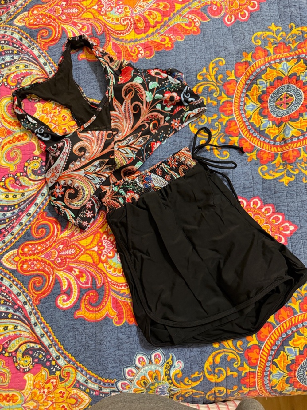 Black Swim Shorts with Floral Paisley Bikini Top